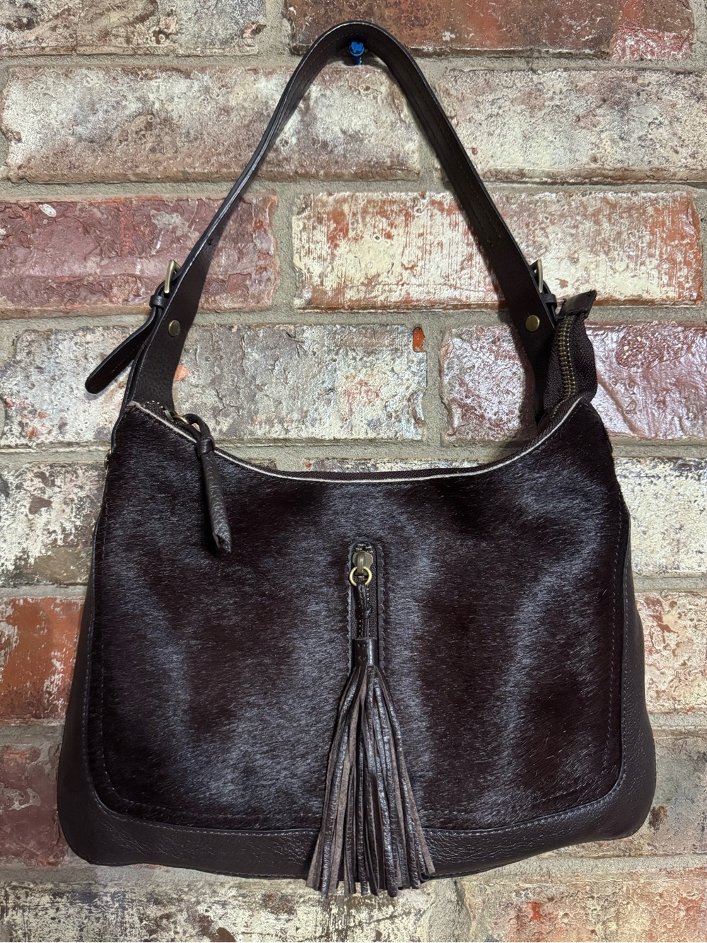 Vintage Aqua Madonna Dark Brown Leather & Calf hair Shoulder Bag with Tassel